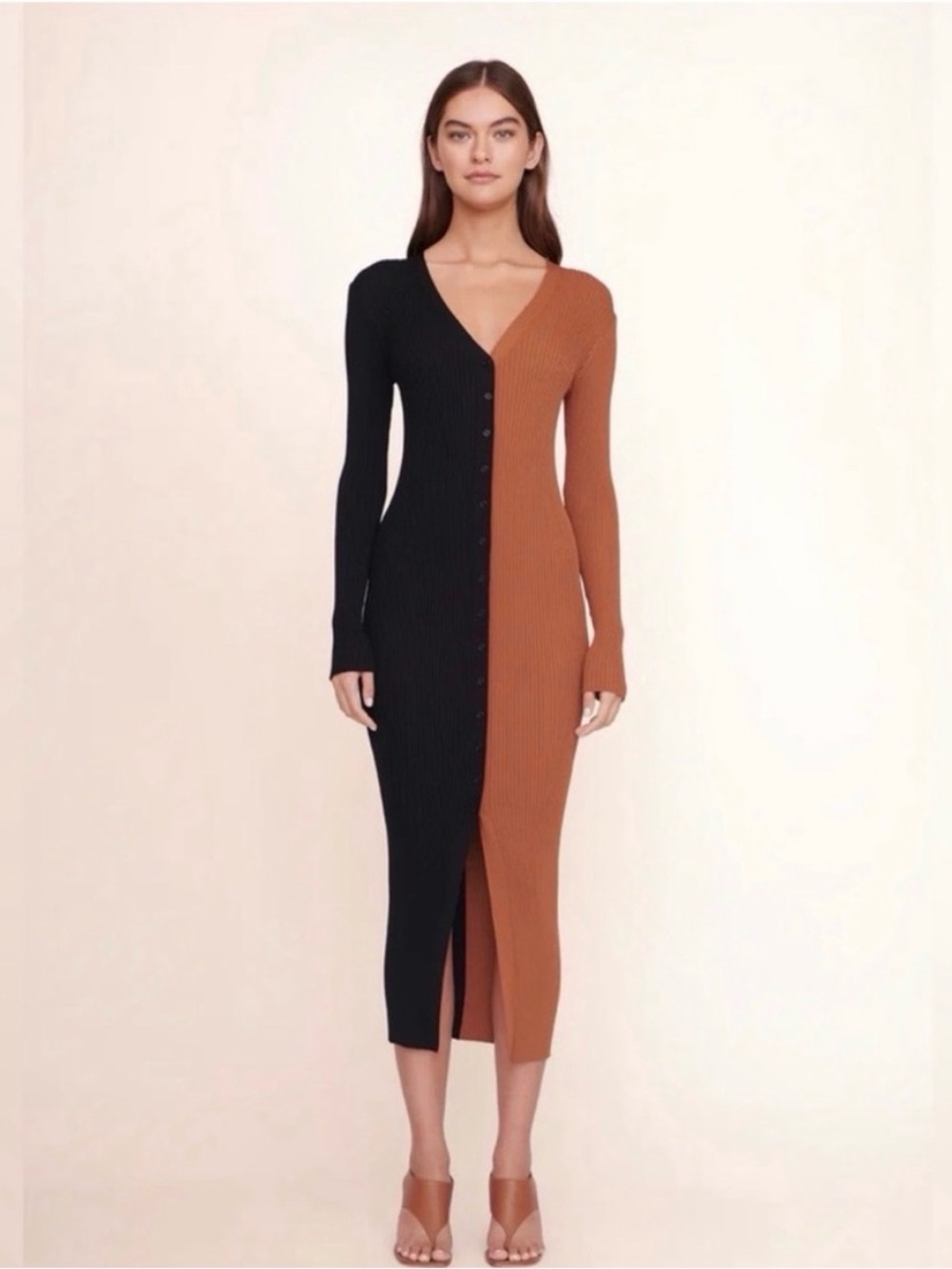 STAUD Shoko Sweater Dress Tan and Black